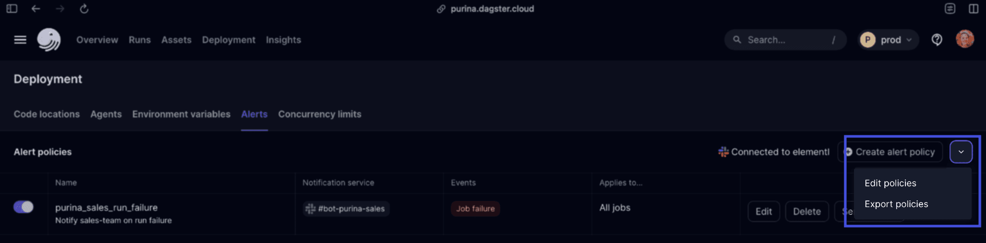 Highlighted More Actions menu in the Dagster Cloud UI